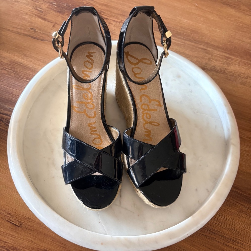 Sam Edelman Black Patent Leather Espadrille Wedge Sandals Size 8
